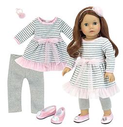 Complete 18 Inch Doll Outfit | 4 Pc Set | Gray and White Str